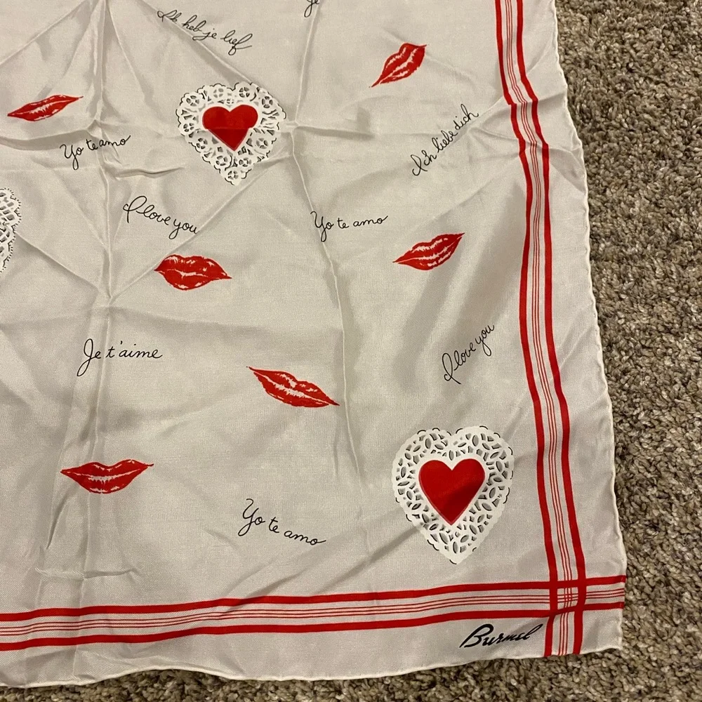 Heart & Lip Print Square Scarf - Red on Ivory - Picture 3 of 9